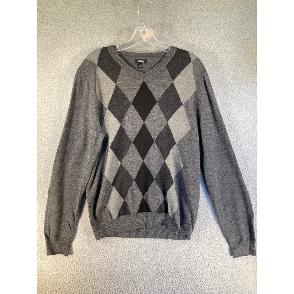 APT. 9 Sweater Men's Medium Gray Argyle Merino Wool Blend Pullover V Neck